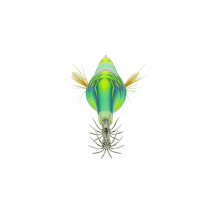 Squid jig lure front view in neon lime green with pink accents, tentacles and hook