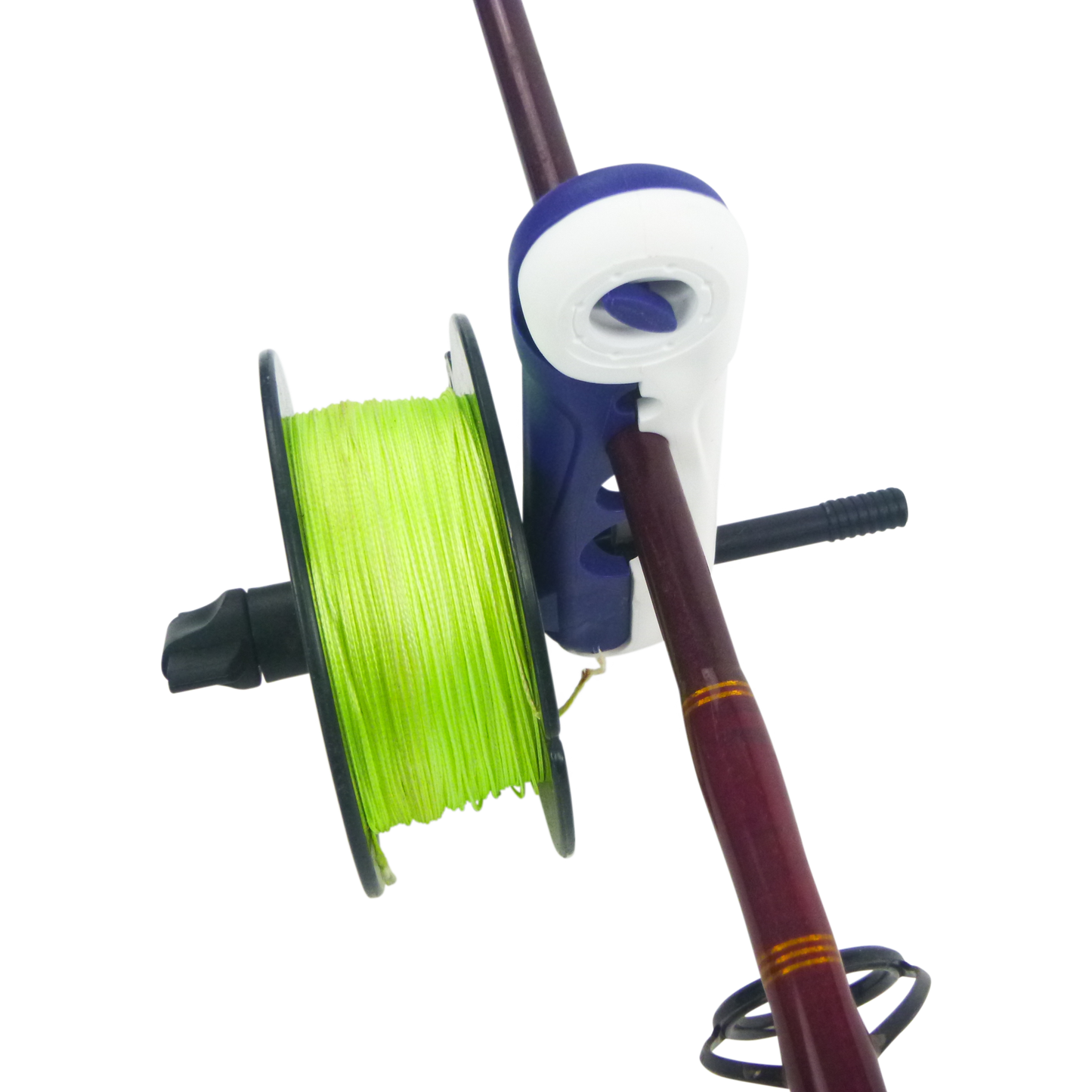 Clip-on line spooler tool with green fishing line on a spool