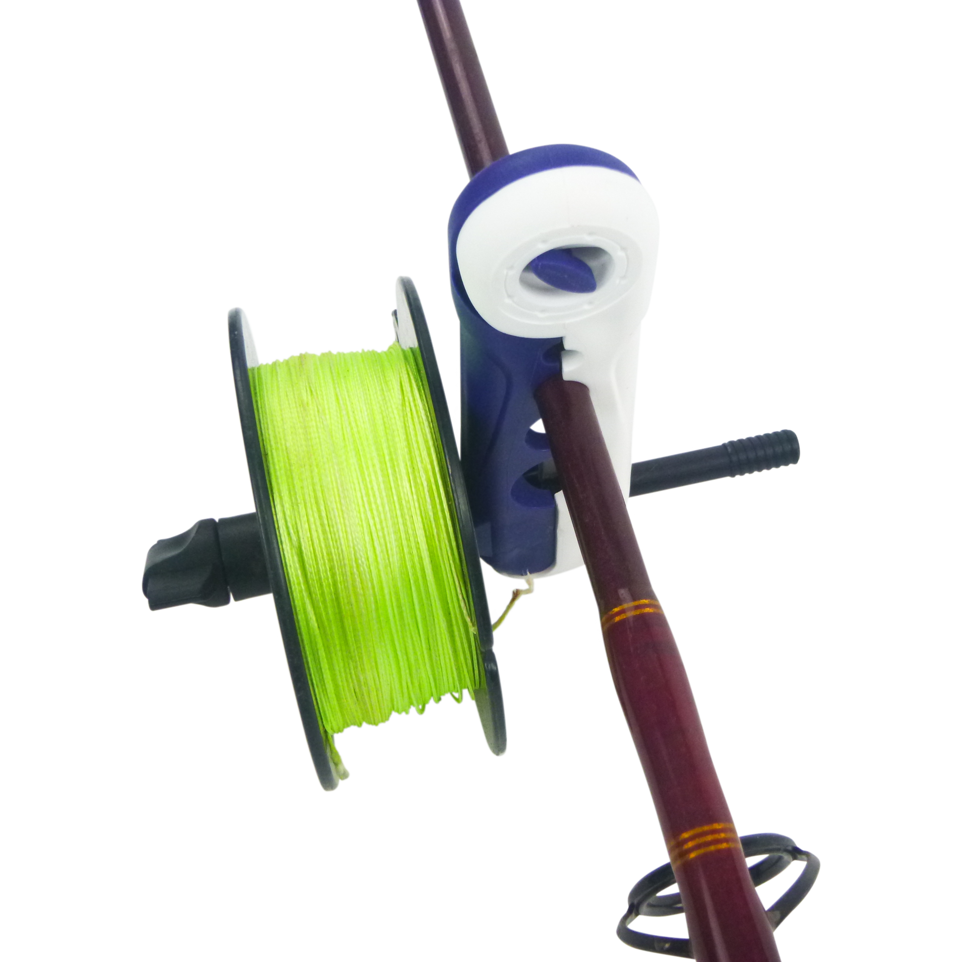 Clip-on line spooler tool with green fishing line on a spool