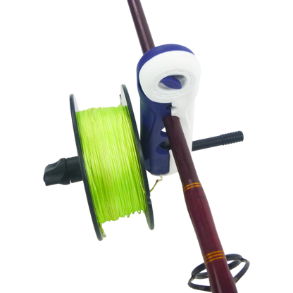 Clip-on line spooler tool with green fishing line on a spool
