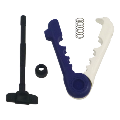 Fishing line spooler tool parts: blue handle, white guide, black rod clip