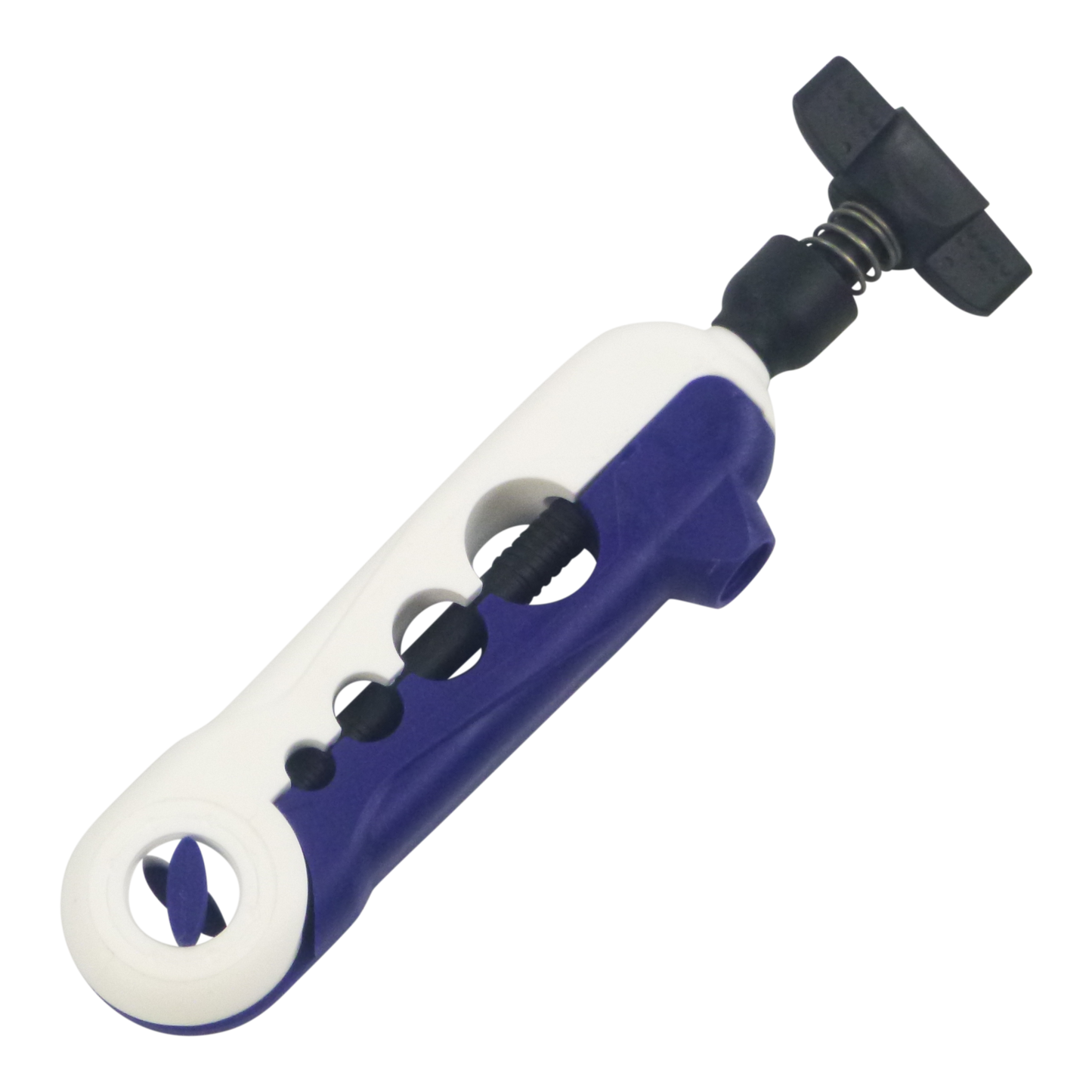 Blue and white clip-on fishing line spooler tool with black mounting clip