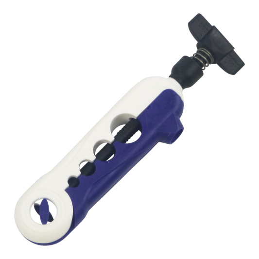 Blue and white clip-on fishing line spooler tool with black mounting clip