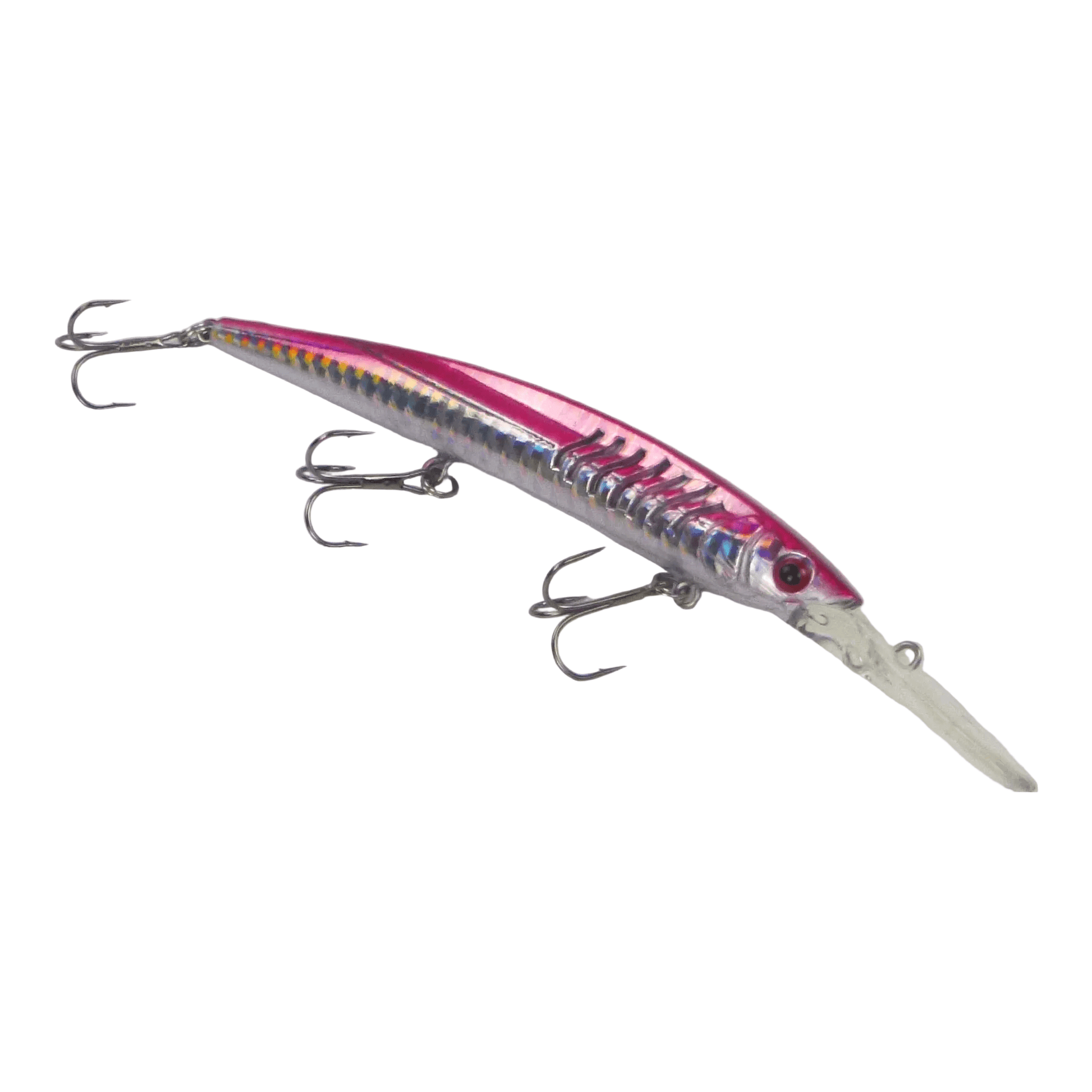Magenta silver diving minnow lure with three treble hooks, 150mm body