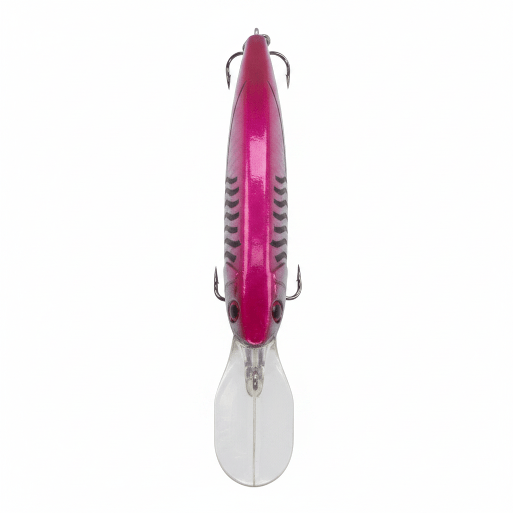 Magenta silver diving minnow lure front view with side treble hooks