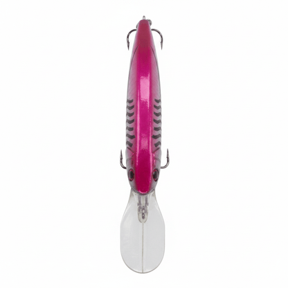 Magenta silver diving minnow lure front view with side treble hooks