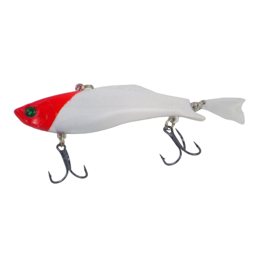 Red-and-white fishing lure with green eye and three treble-hook points