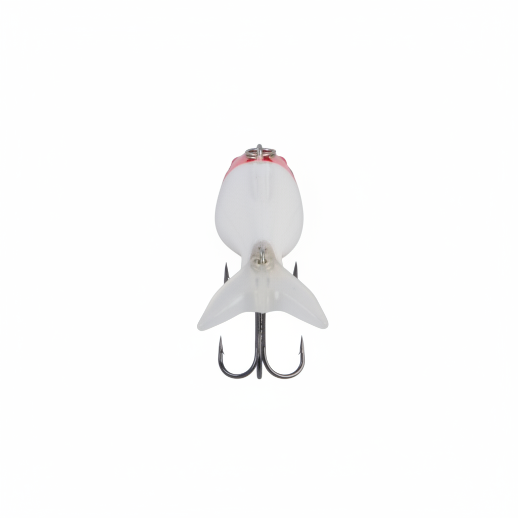White fishing lure with red top panel and two treble hooks