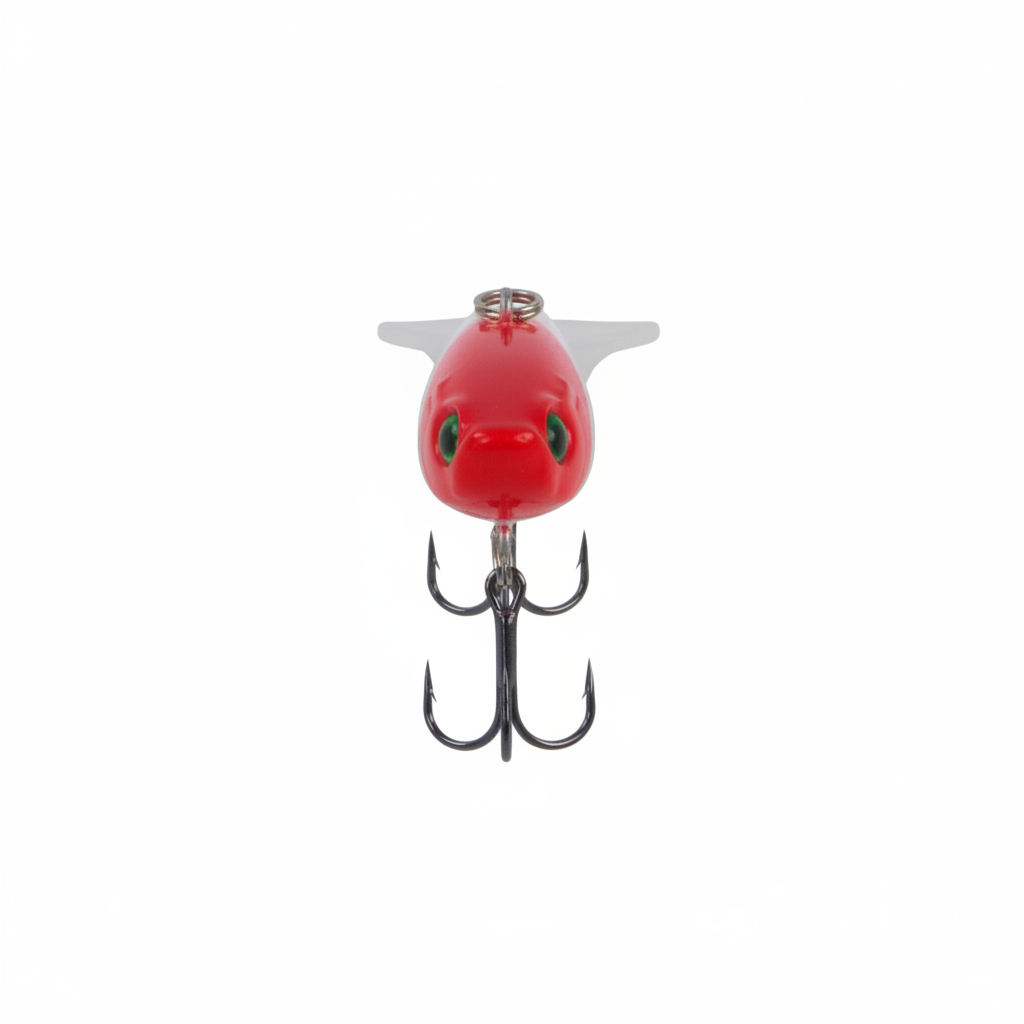 Red fishing lure with red top, metal eyelet, and two treble hooks