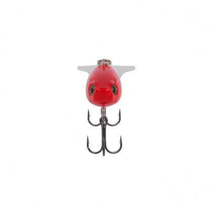 Red fishing lure with red top, metal eyelet, and two treble hooks