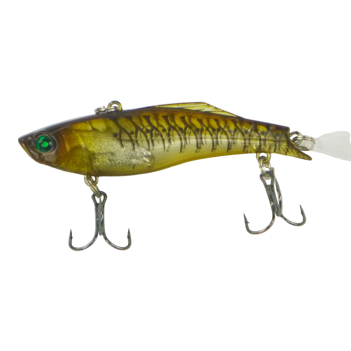 Fishing hard body lure in gold, olive, and translucent tones with three treble hooks
