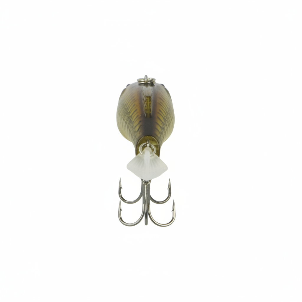 Fishing hard body lure, rear view, olive-gold body with three treble hooks