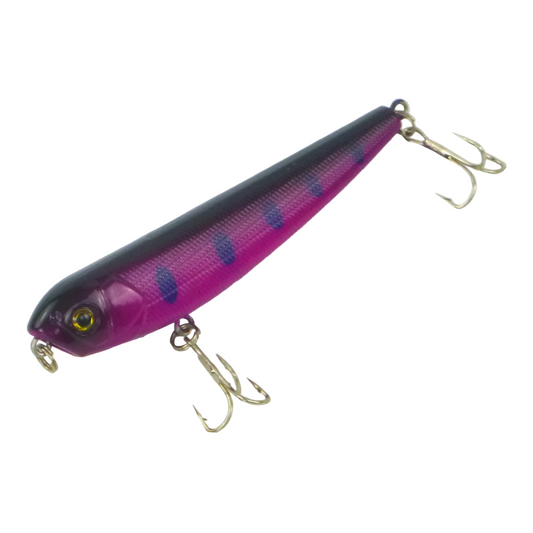 Purple walking dog surface fishing lure with treble hooks and realistic eye