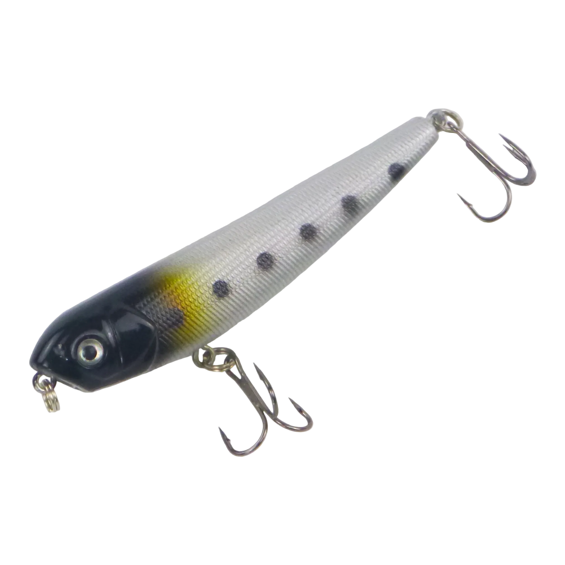 Fishing lure in spotted minnow color with three treble hooks and metal lip