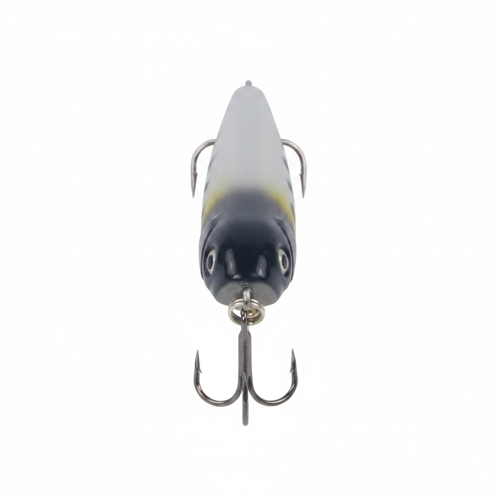 Fishing lure head-on in spotted minnow pattern with split-ring and treble hook