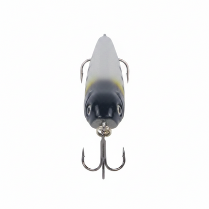 Fishing lure head-on in spotted minnow pattern with split-ring and treble hook