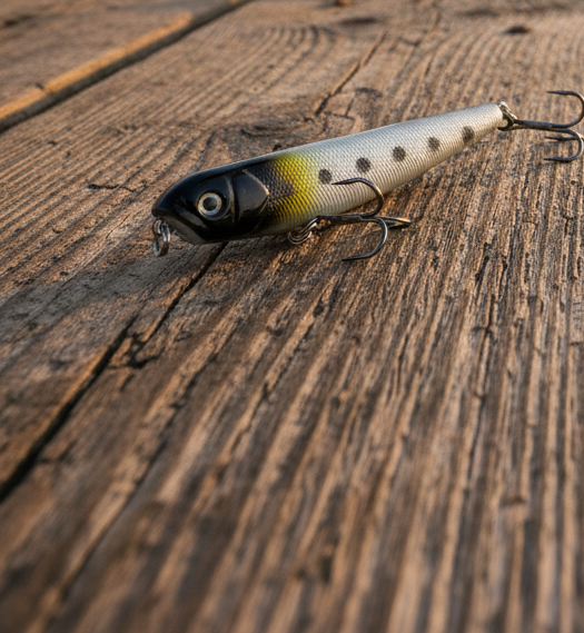 Fishing lure, spotted minnow pattern with two treble hooks and front eye detail