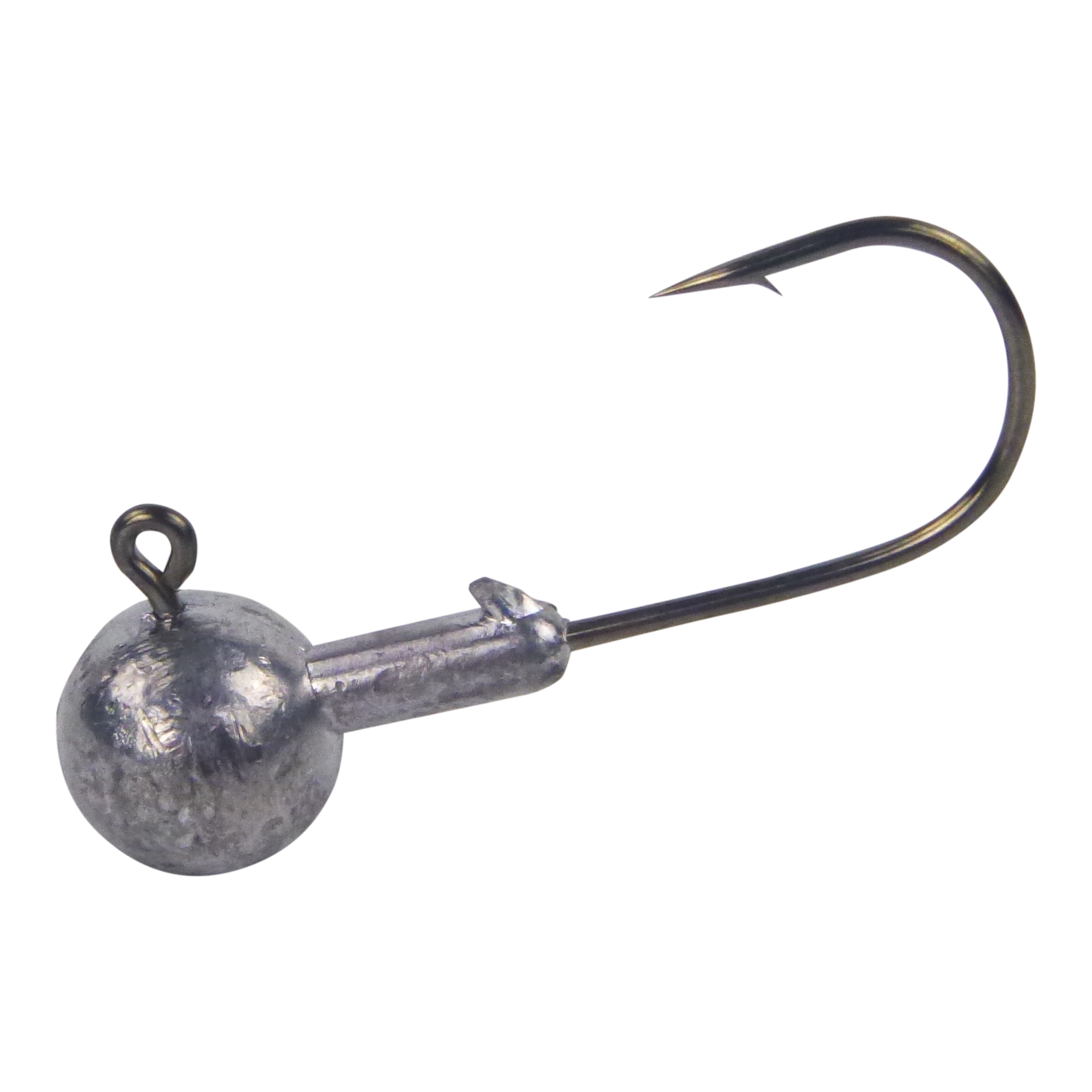 Round jig head with 2/0 hook, metallic gray lead head and exposed hook eyelet
