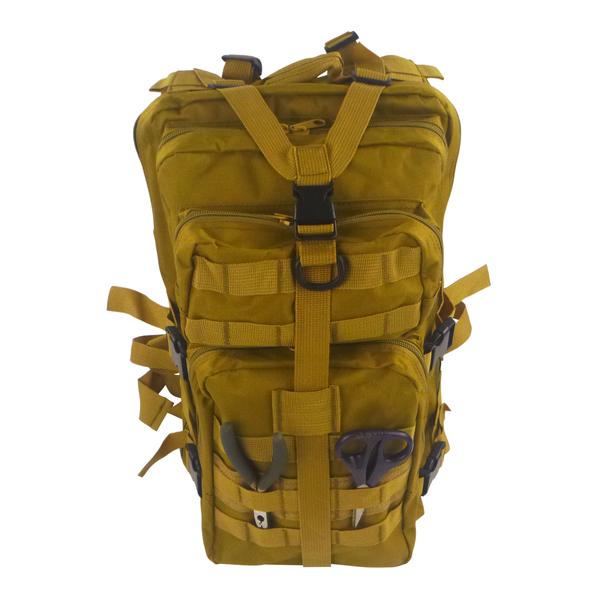 Tan tactical backpack with front buckles, padded shoulder straps, and a front organizer.
