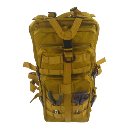 Tan tactical backpack with front buckles, padded shoulder straps, and a front organizer.