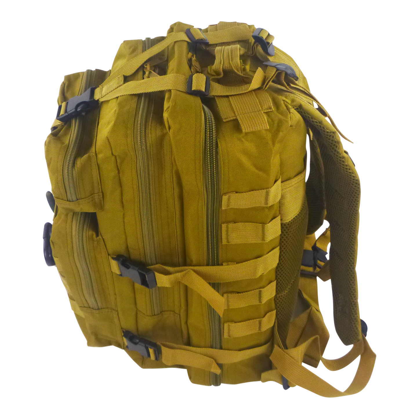 Tan tactical backpack with front zip, webbing straps, and side cargo pockets.