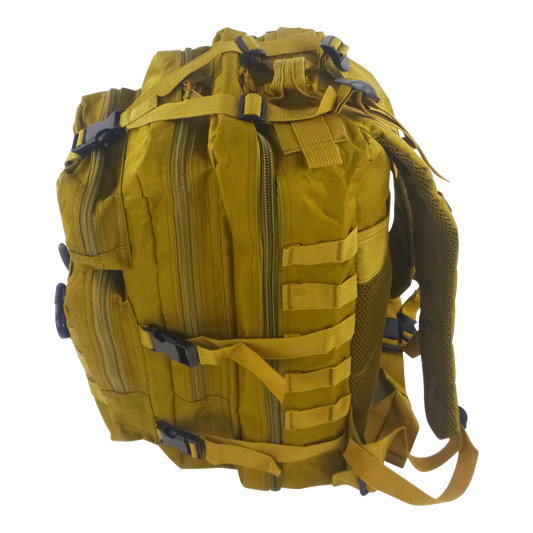 Tan tactical backpack with front zip, webbing straps, and side cargo pockets.