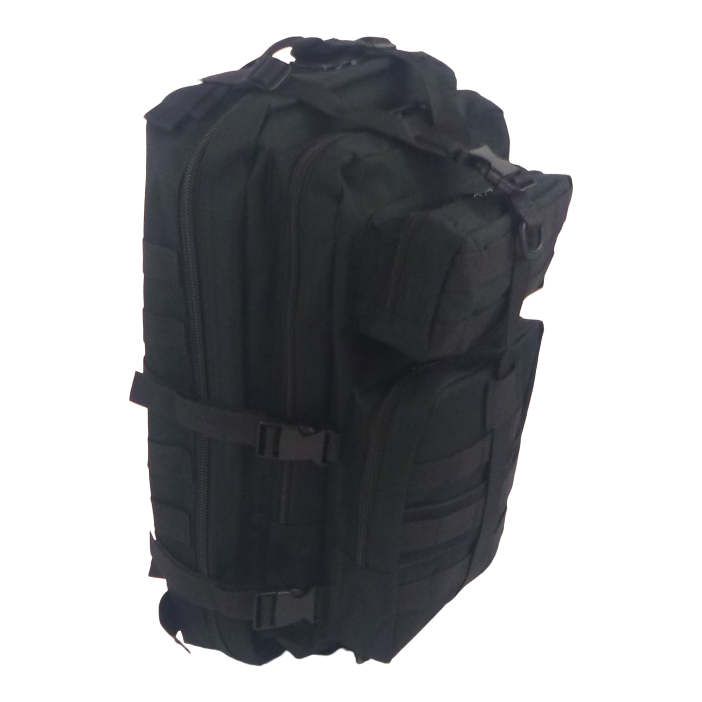 Black fishing tackle backpack with padded compartments and side straps
