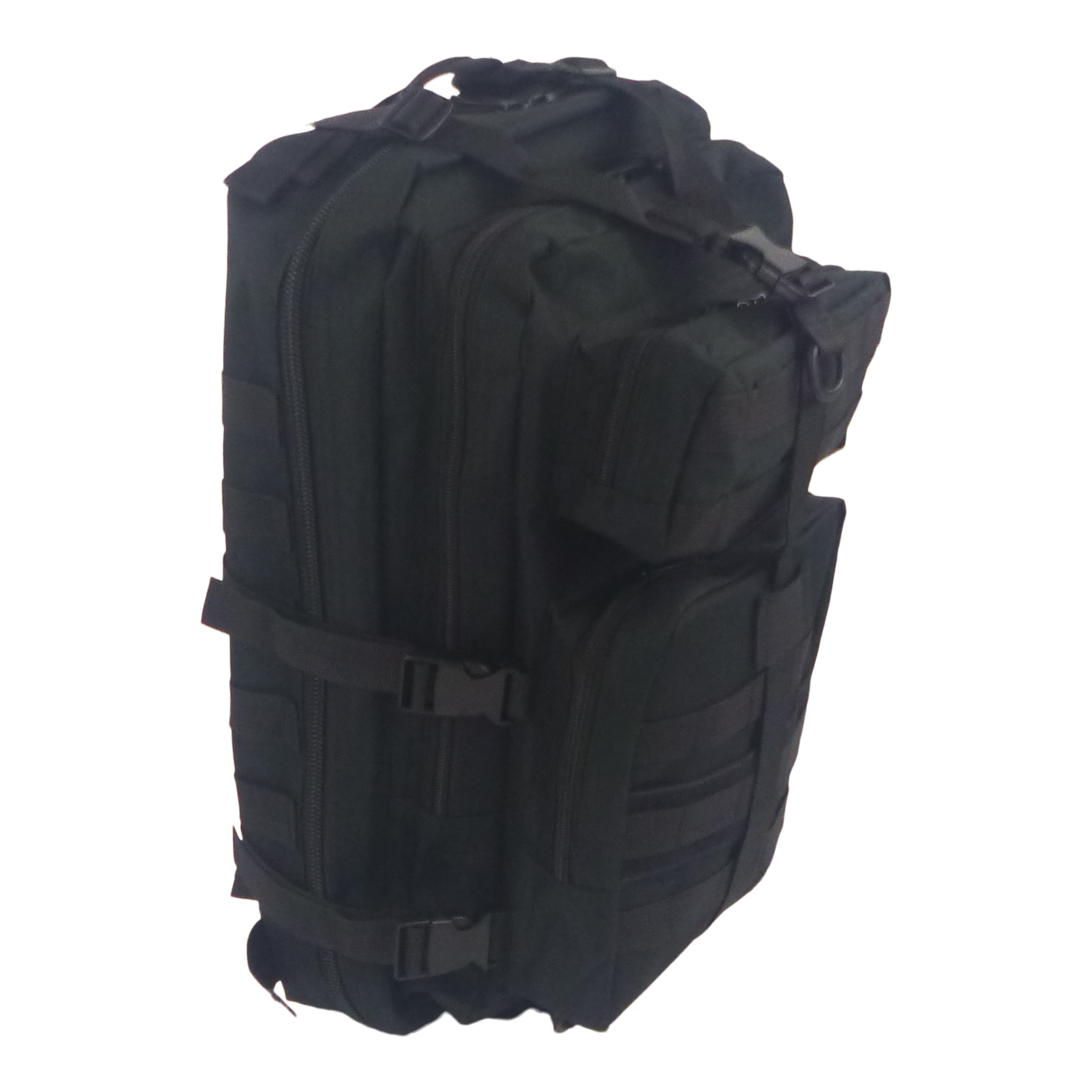 Black fishing tackle backpack with padded compartments and side straps