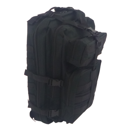 Black fishing tackle backpack with padded compartments and side straps