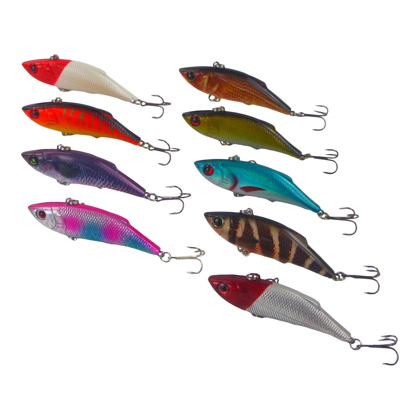 Multi-color fishing lure set with eight crankbaits and treble hooks