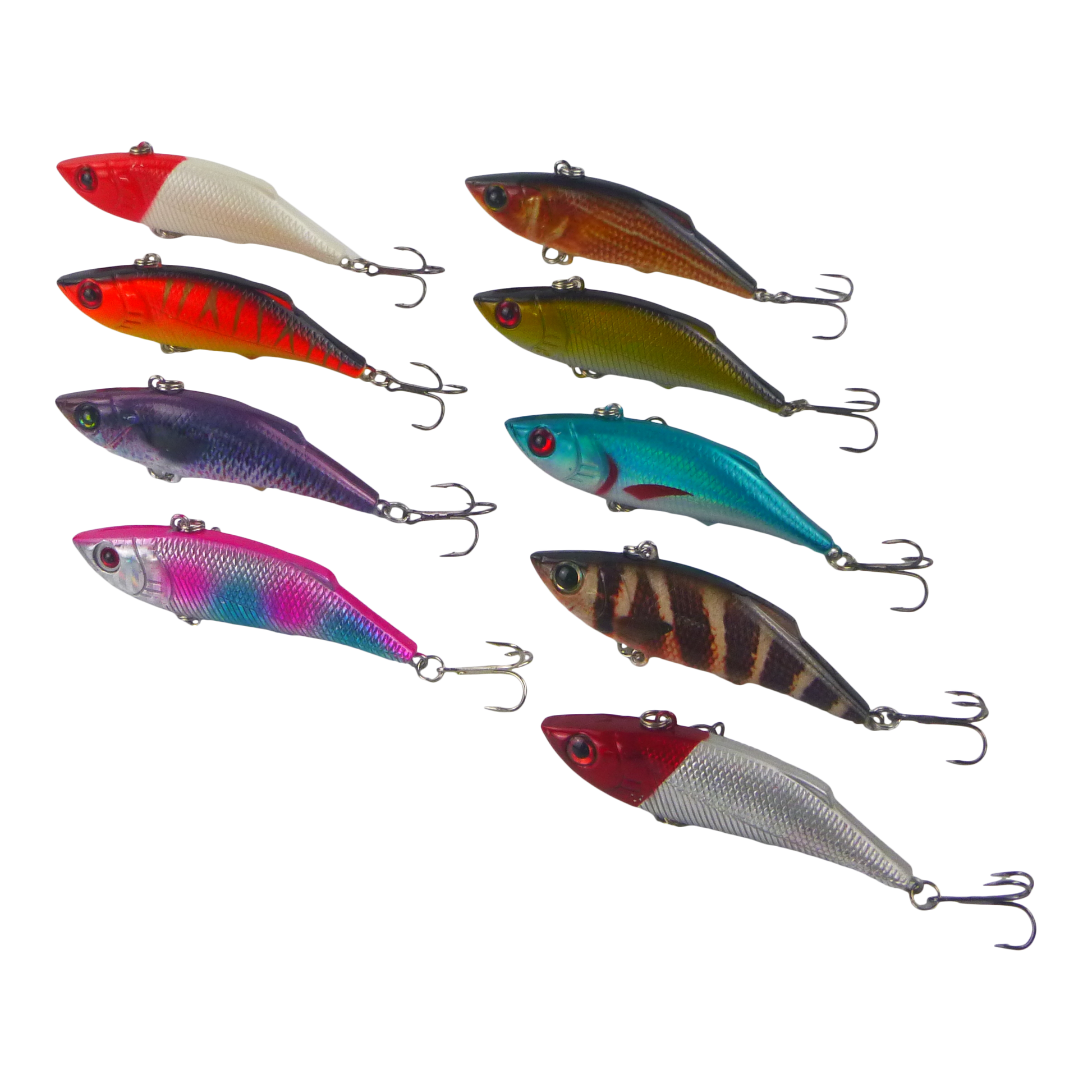 Assorted colorful fishing lures with treble hooks and diving lips