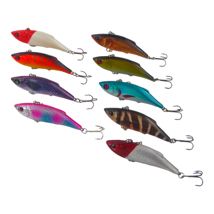 Set of fishing lures in mixed colors with treble hooks