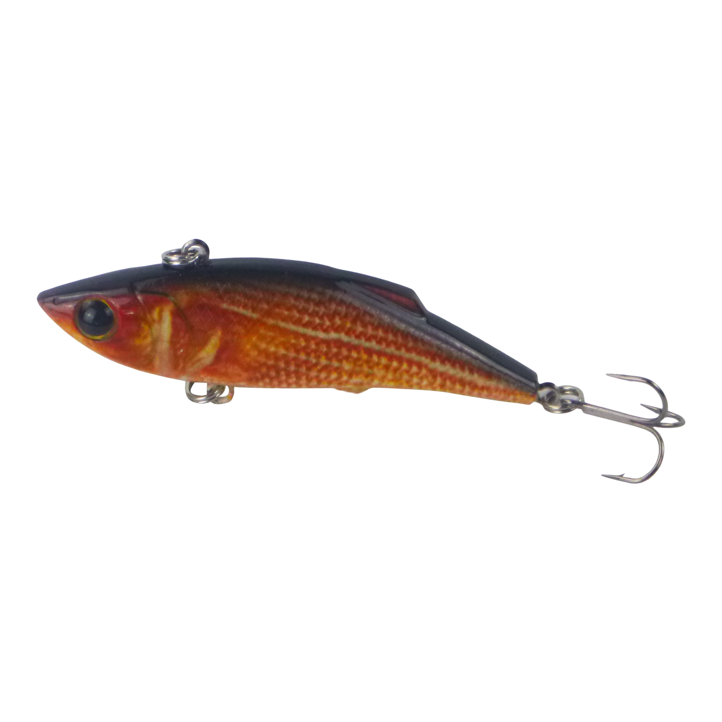 Fishing lure with orange and gold scales, black back, and treble hooks
