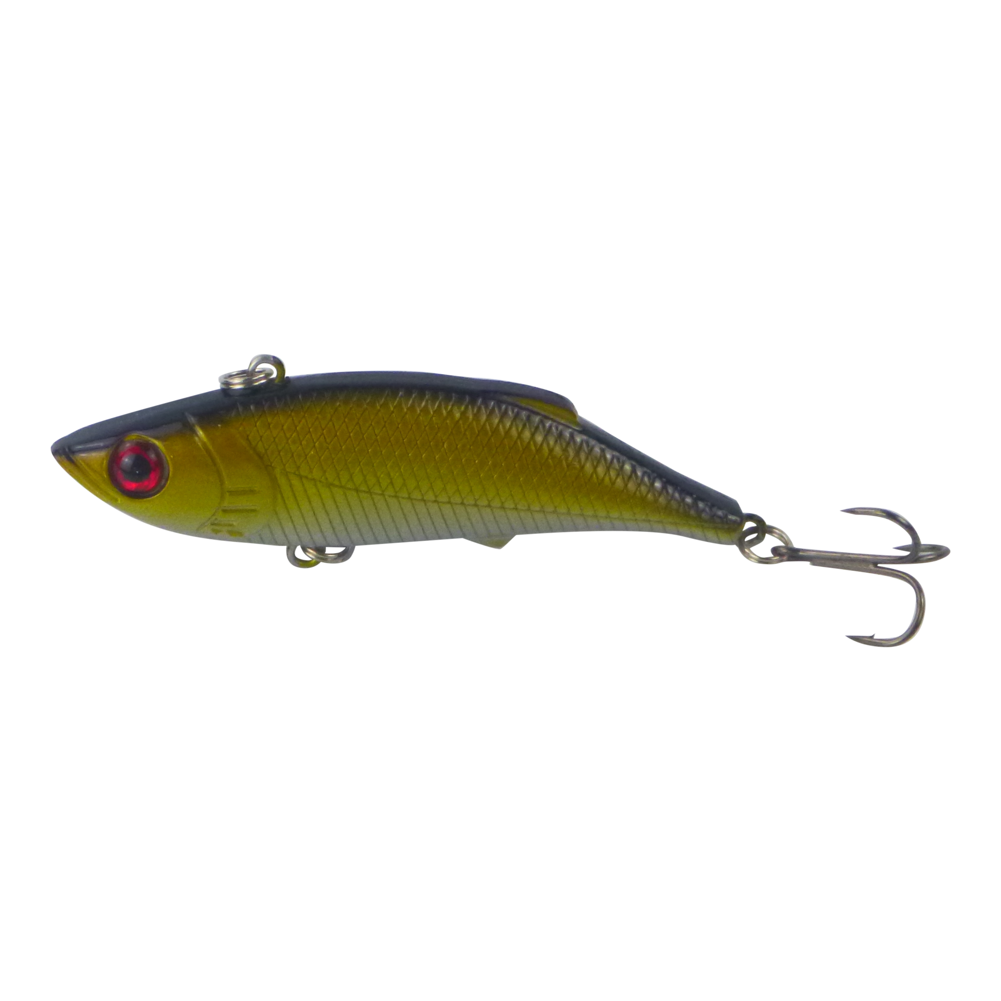 Gold and black fishing lure with double hooks and round red eye