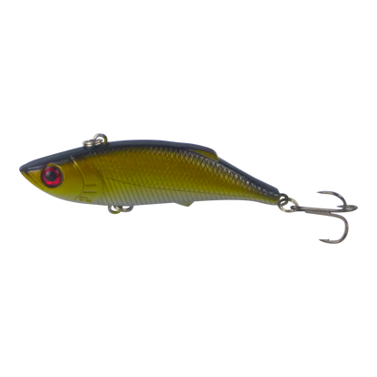 Gold and black fishing lure with double hooks and round red eye