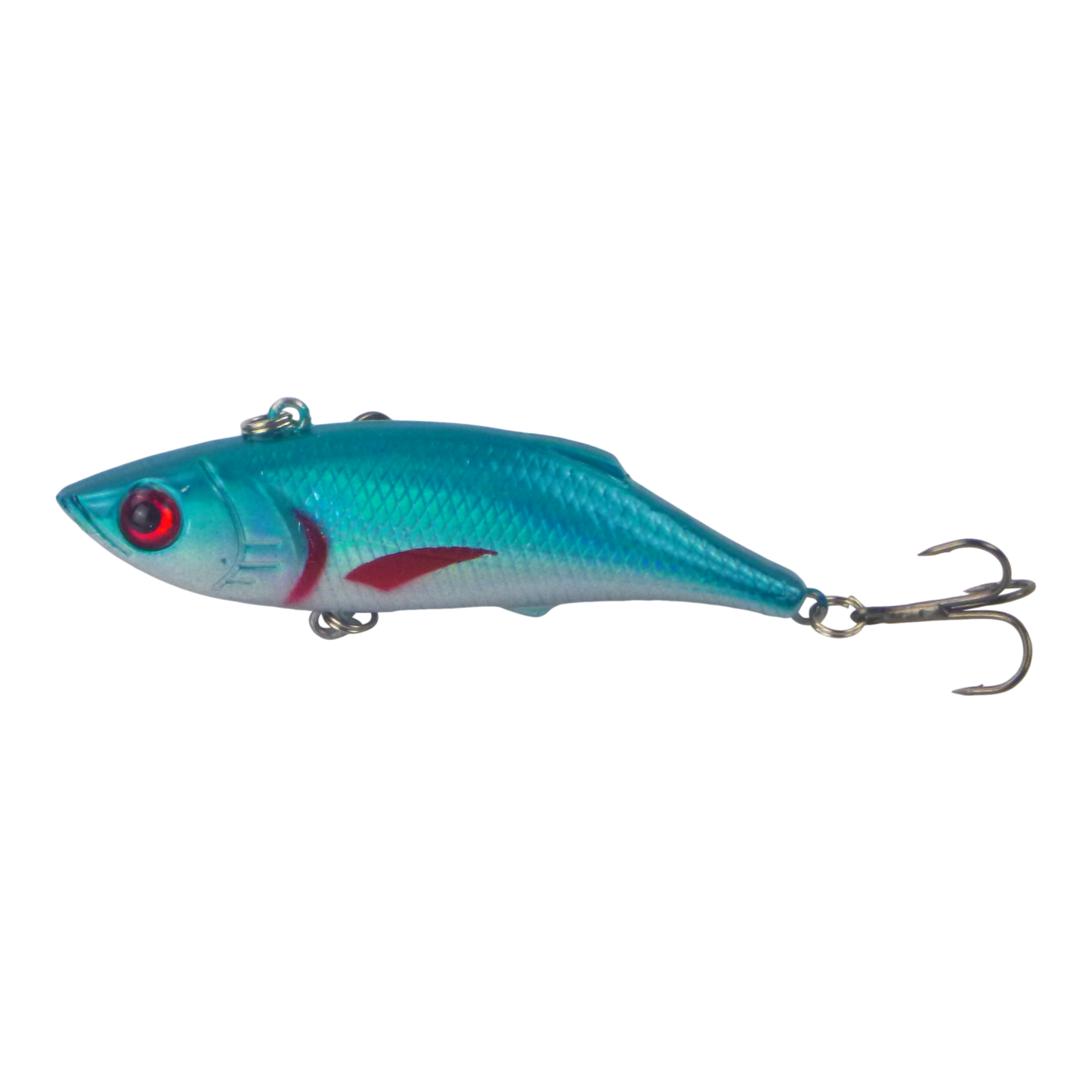 Teal and silver fishing lure with red eye, front treble hook and diving lip