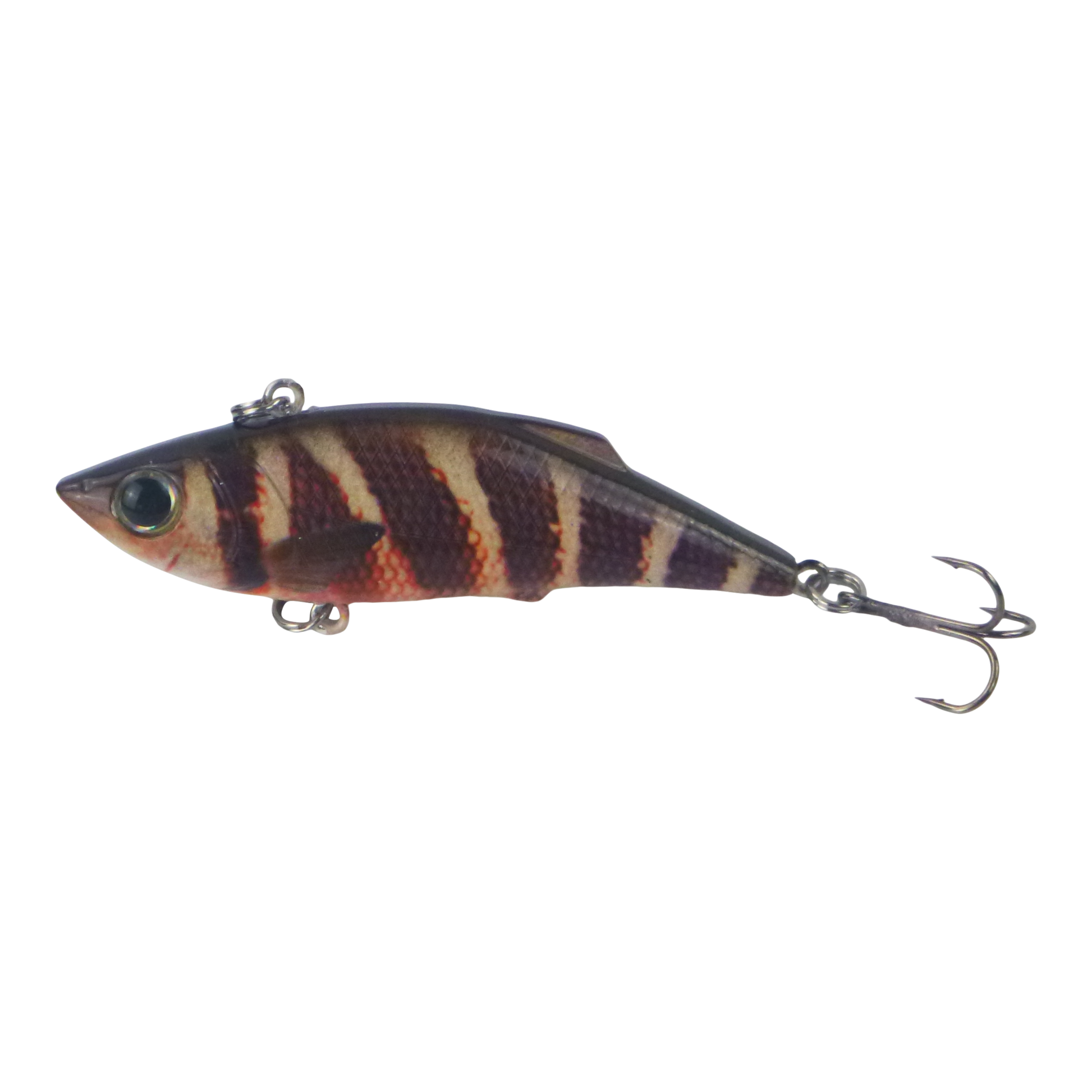 Striped minnow fishing lure with glassy eye and metal treble hooks