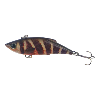 Striped minnow fishing lure with glassy eye and metal treble hooks