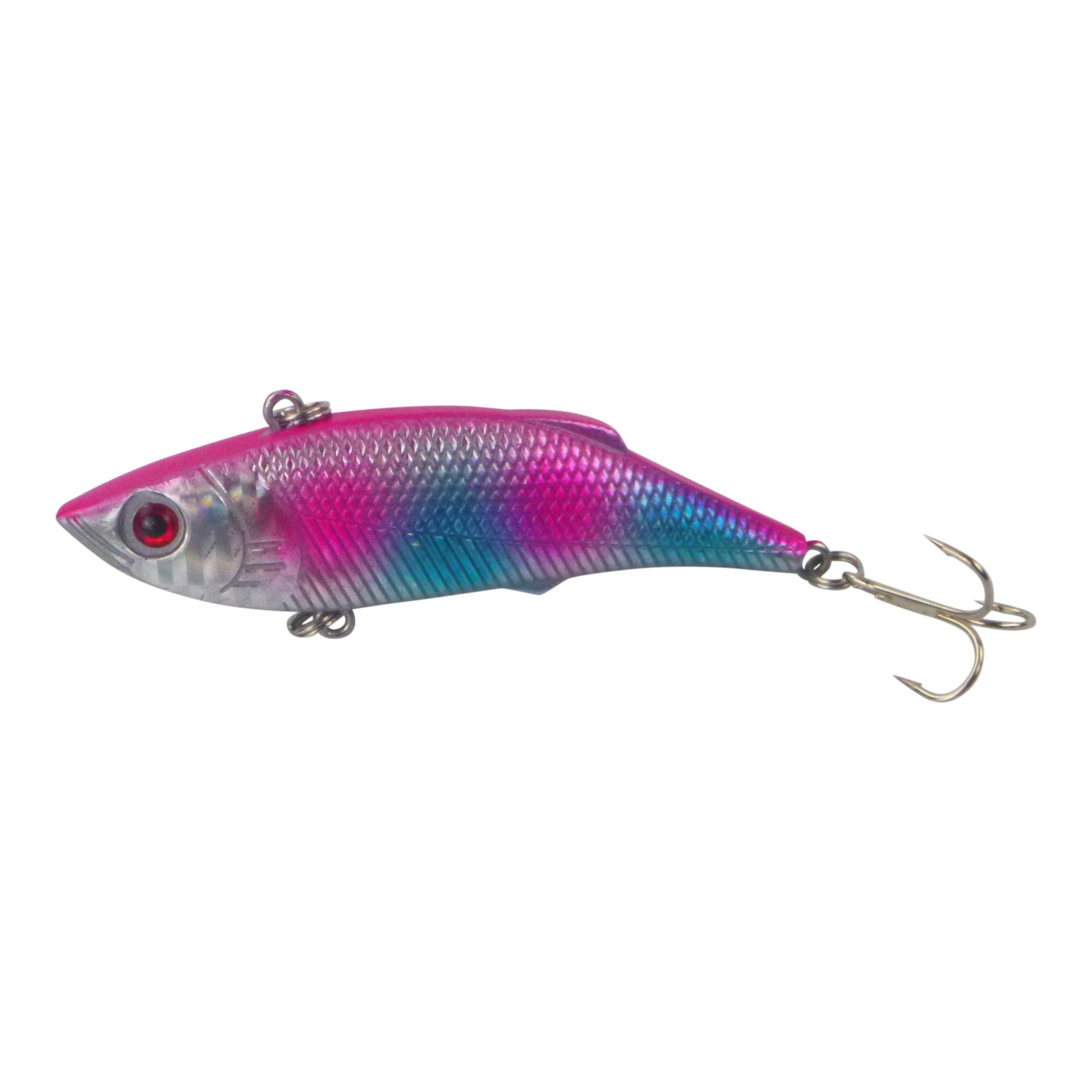 Fishing lure with iridescent pink-blue body, red eye, and treble hooks