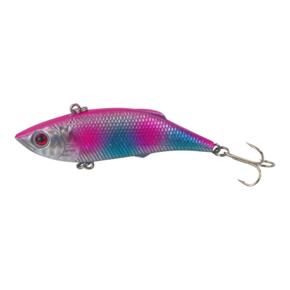 Fishing lure with iridescent pink-blue body, red eye, and treble hooks