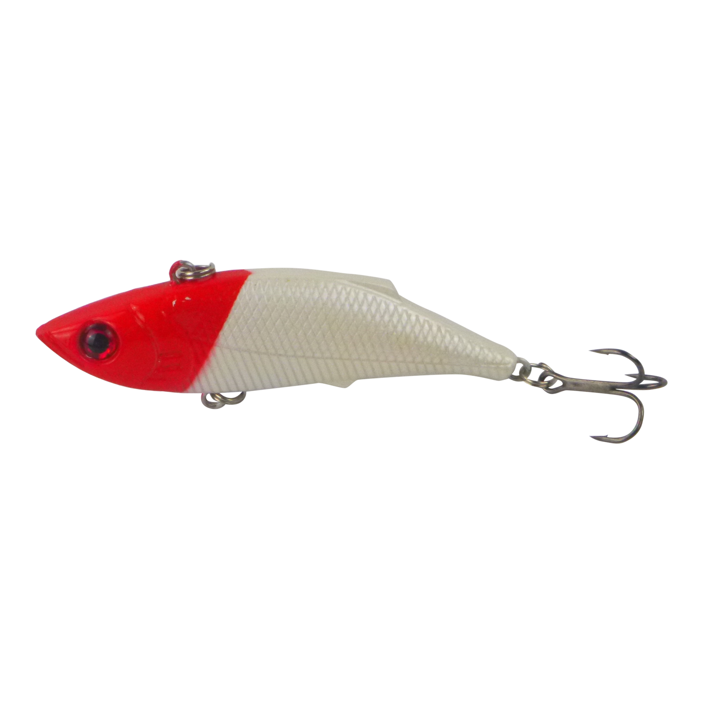 Fishing lure with red head and white body, lip and metal treble hooks