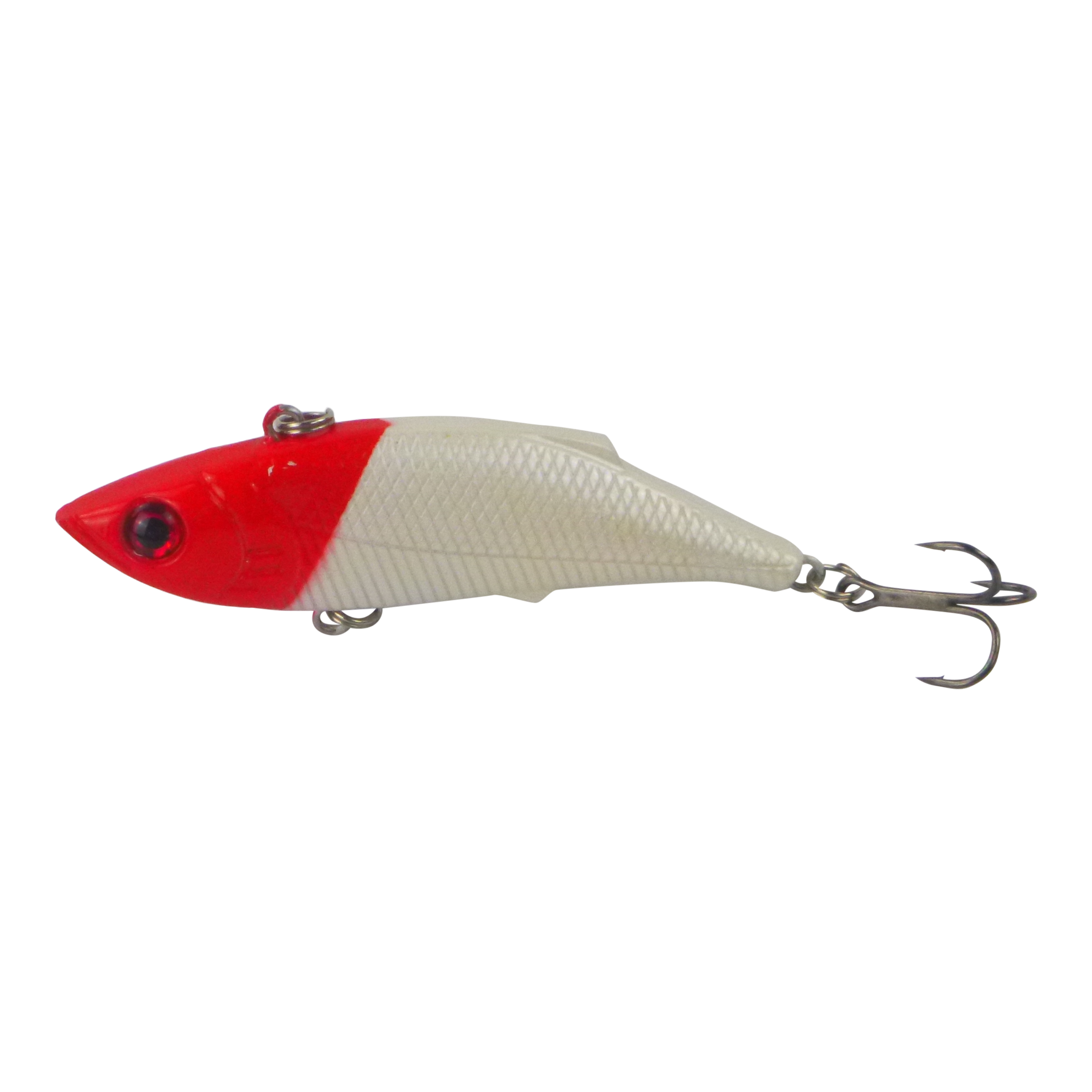 Fishing lure with red head and white body, lip and metal treble hooks
