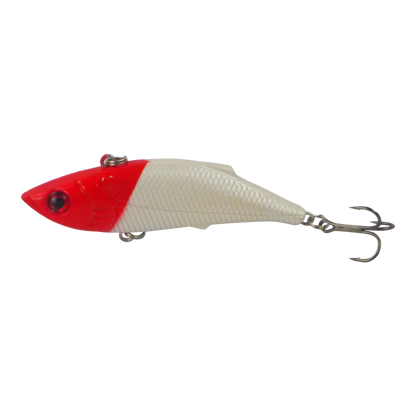 Fishing lure with red head and white body, lip and metal treble hooks