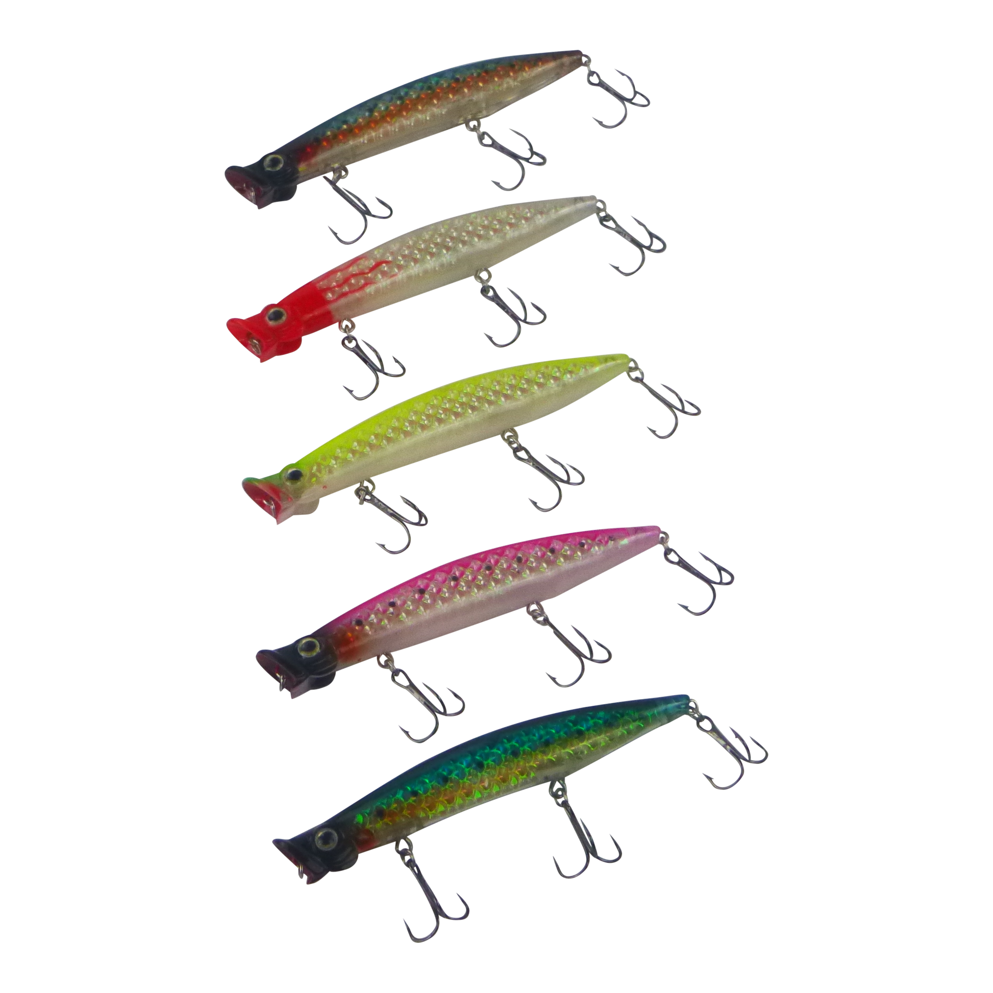 Set of colorful fishing lures with treble hooks