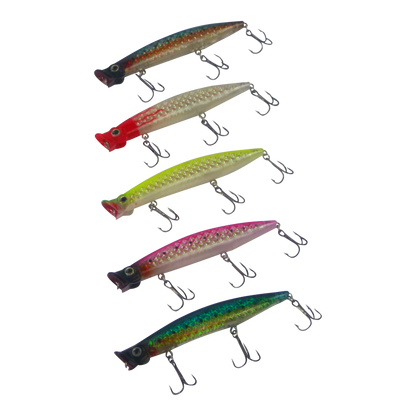 Set of five Finesse Toppu Mizzu Cupface popper lures in mixed colors, each with treble hooks