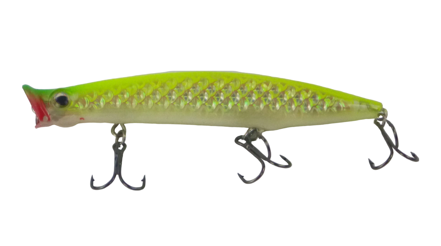 Finesse Toppu Mizzu Cupface Popper lure in chartreuse with red lip and 3 treble hooks