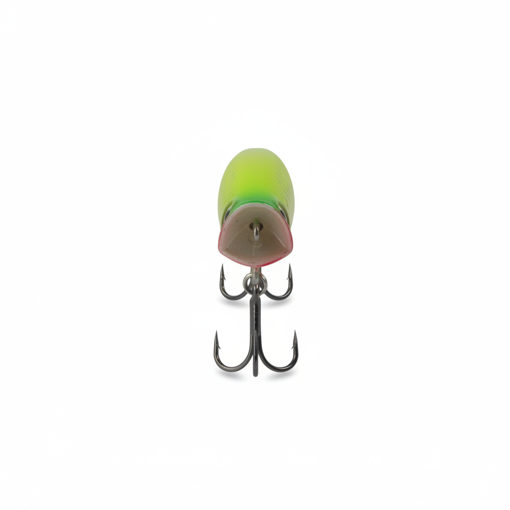 Front view of chartreuse Cupface popper lure with red lip, round eye, and two treble hooks