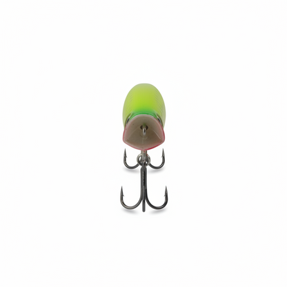 Front view of chartreuse Cupface popper lure with red lip, round eye, and two treble hooks