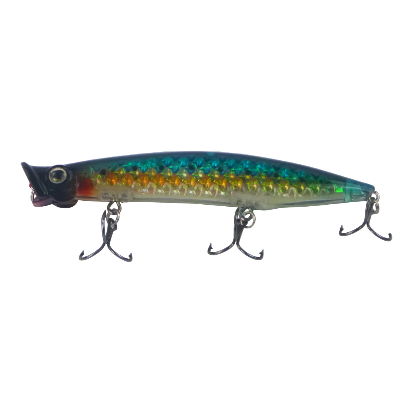 Blue iridescent fishing lure with three treble hooks
