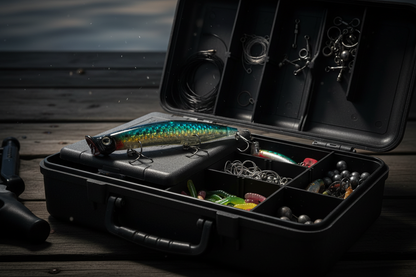 Iridescent blue-green fishing lure with three treble hooks in a tackle box